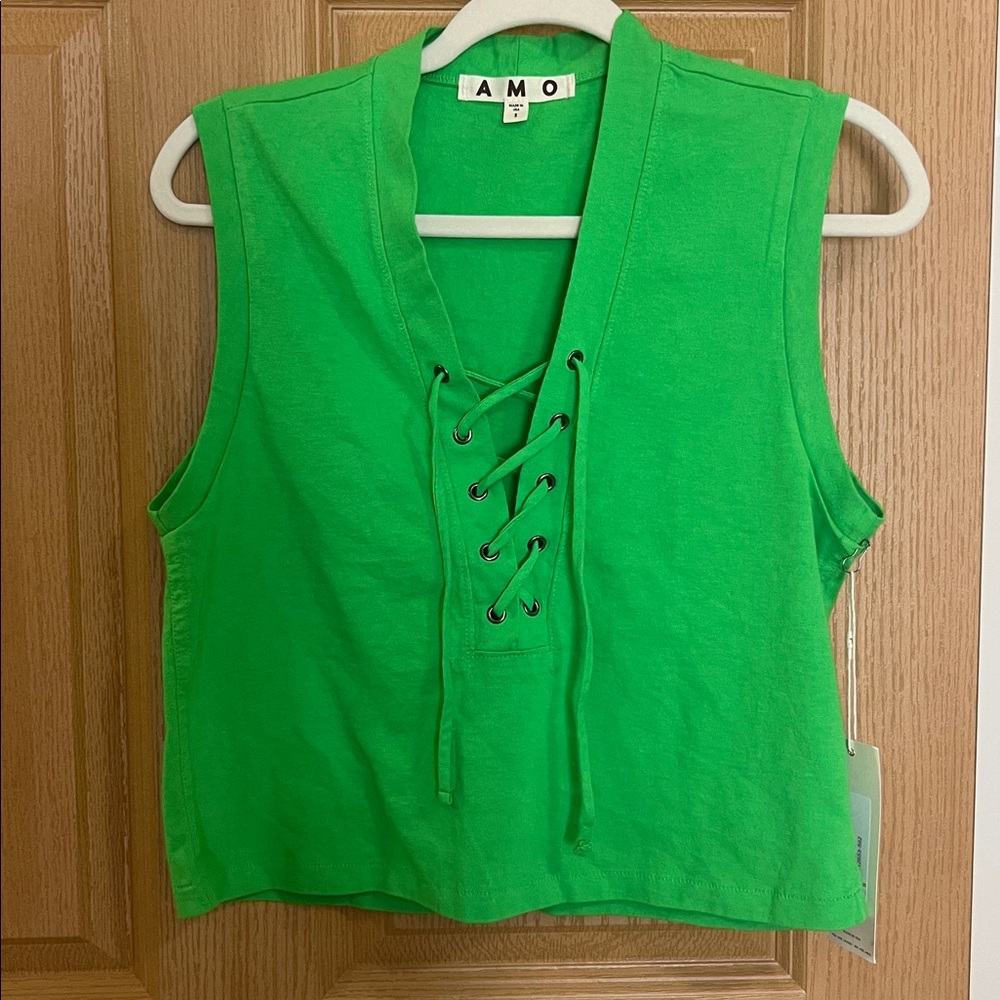 AMO Denim Aviva Lace Up Tank in Grass Green MSRP $115 NWT